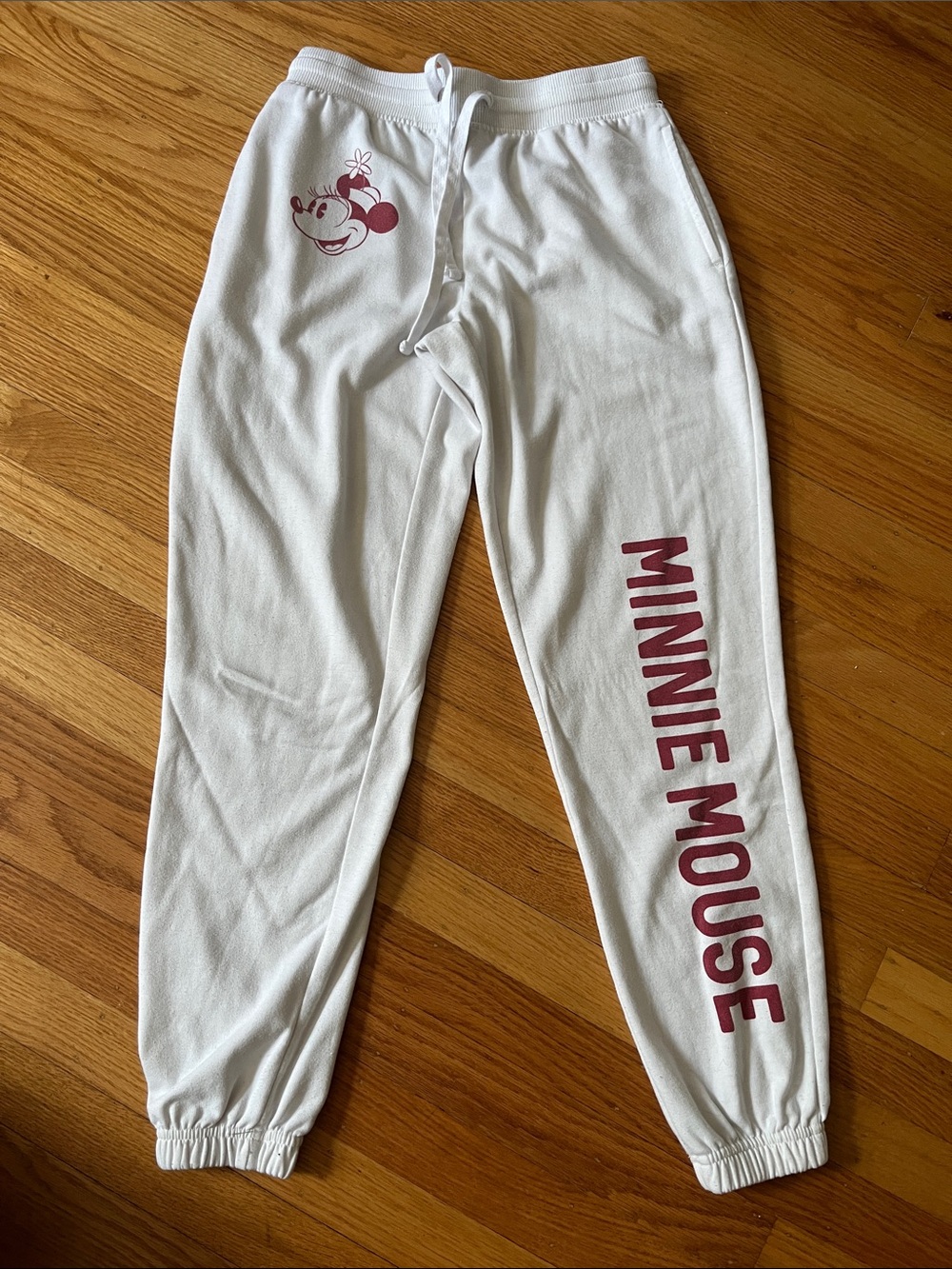 Disney White Sweatpants with Maroon Minnie Mouse Graphic